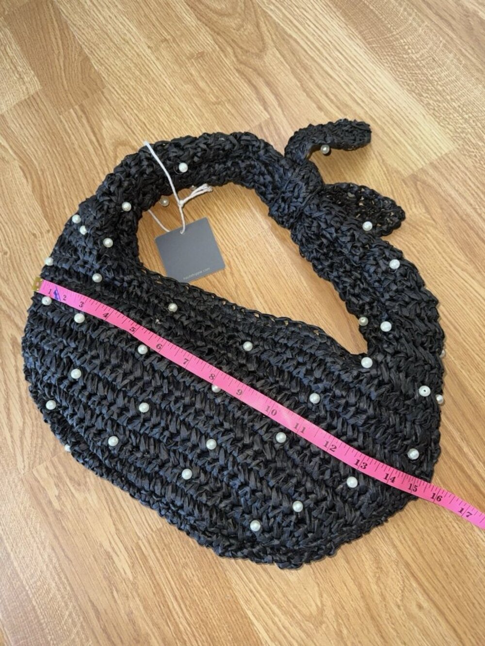 Haute Hippie Style Straw Woven Pearl Beaded Shoulder Bag Black Zip Closure NEW - Picture 5 of 5